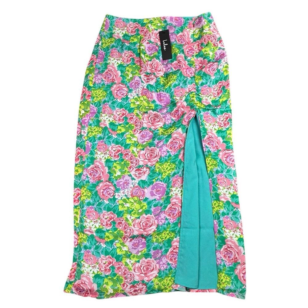 Lulus Midi Skirt Ruched Slit Women's Medium‎ Floral Green Pink Boho Chic NWT